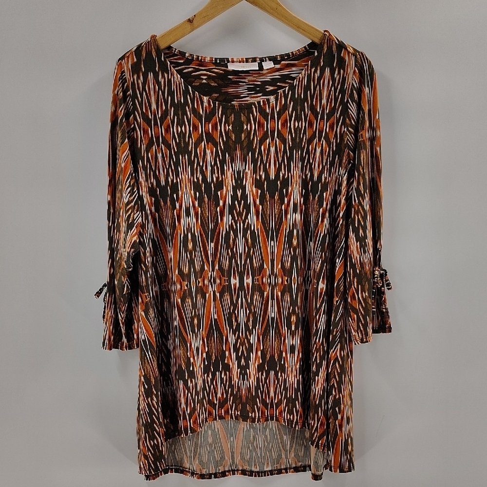 Belle Kim Graver Top Size 1X Brown Orange Print Stretch